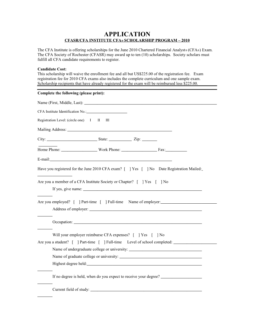 June 2008 CFA Exam Scholarship Application