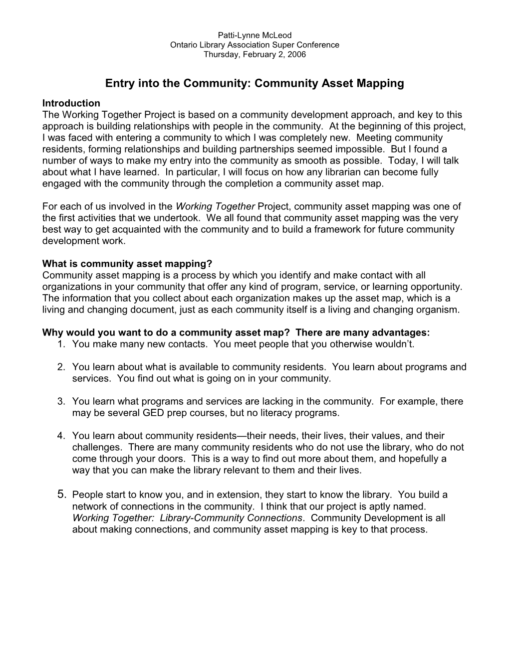 Entry Into the Community: Community Asset Mapping