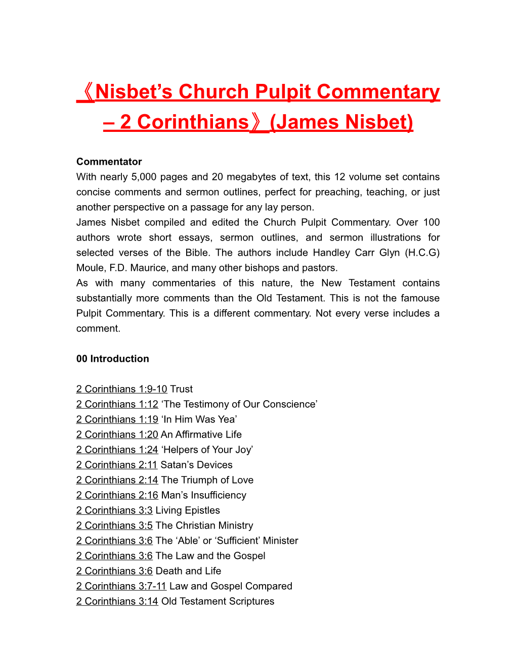 Nisbet S Churchpulpit Commentary 2 Corinthians (James Nisbet)