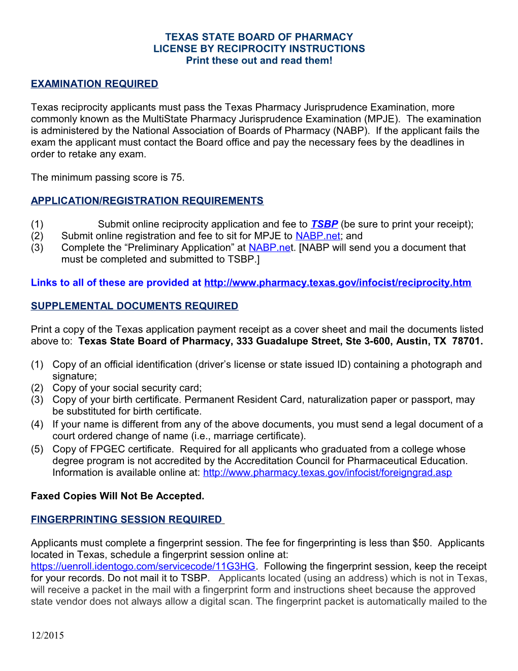 TEXAS STATE BOARD of PHARMACY LICENSE by RECIPROCITYINSTRUCTIONS Print These out and Read