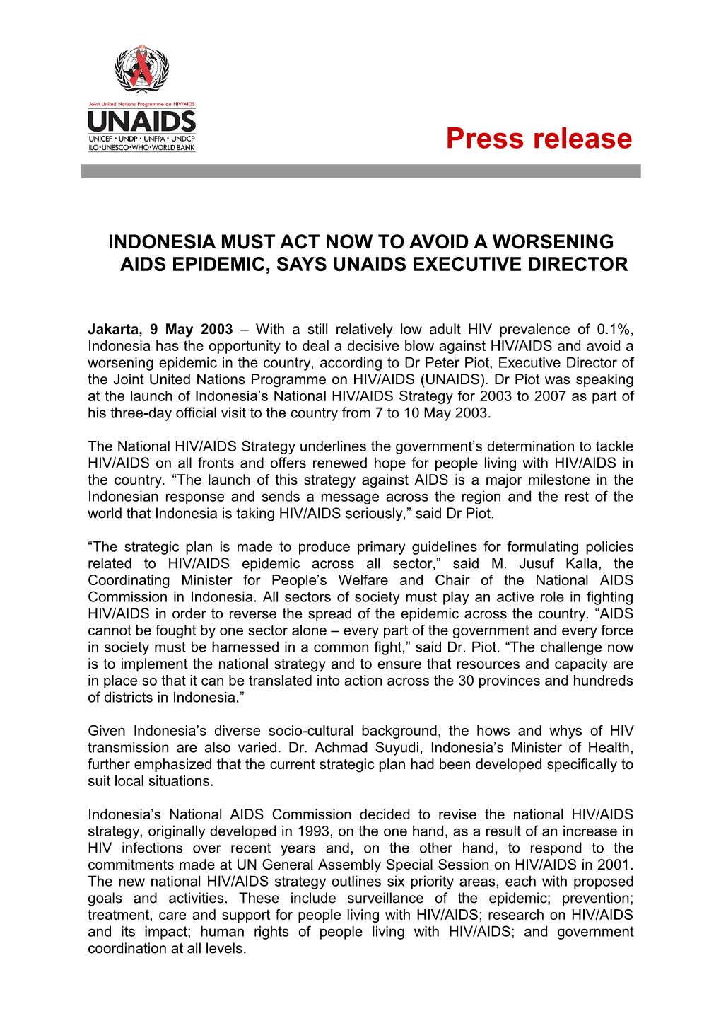 Indonesia Must Act Now to Avoid a Worsening AIDS Epidemic, Says UNAIDS Executive Director