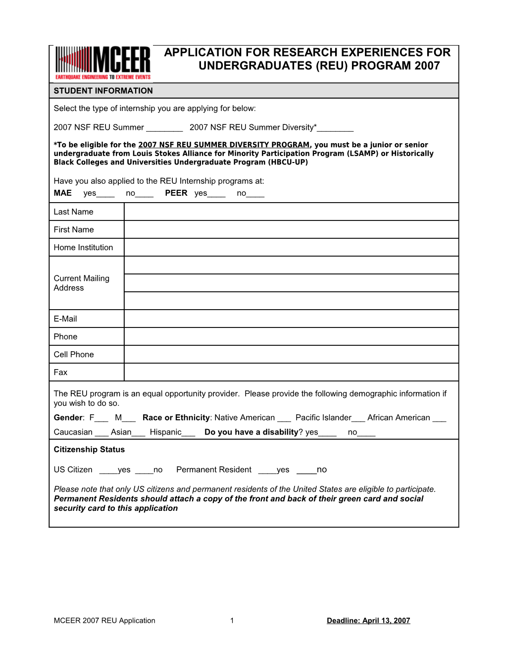 Application for Research Experiences for Undergraduates (Reu) Program 2007
