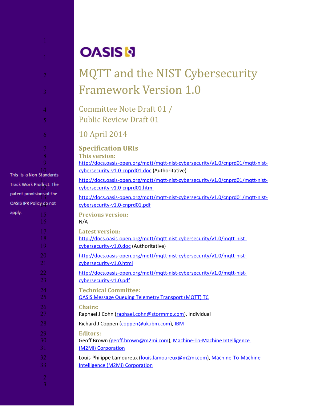 MQTT and the NIST Cybersecurity Framework Version 1.0