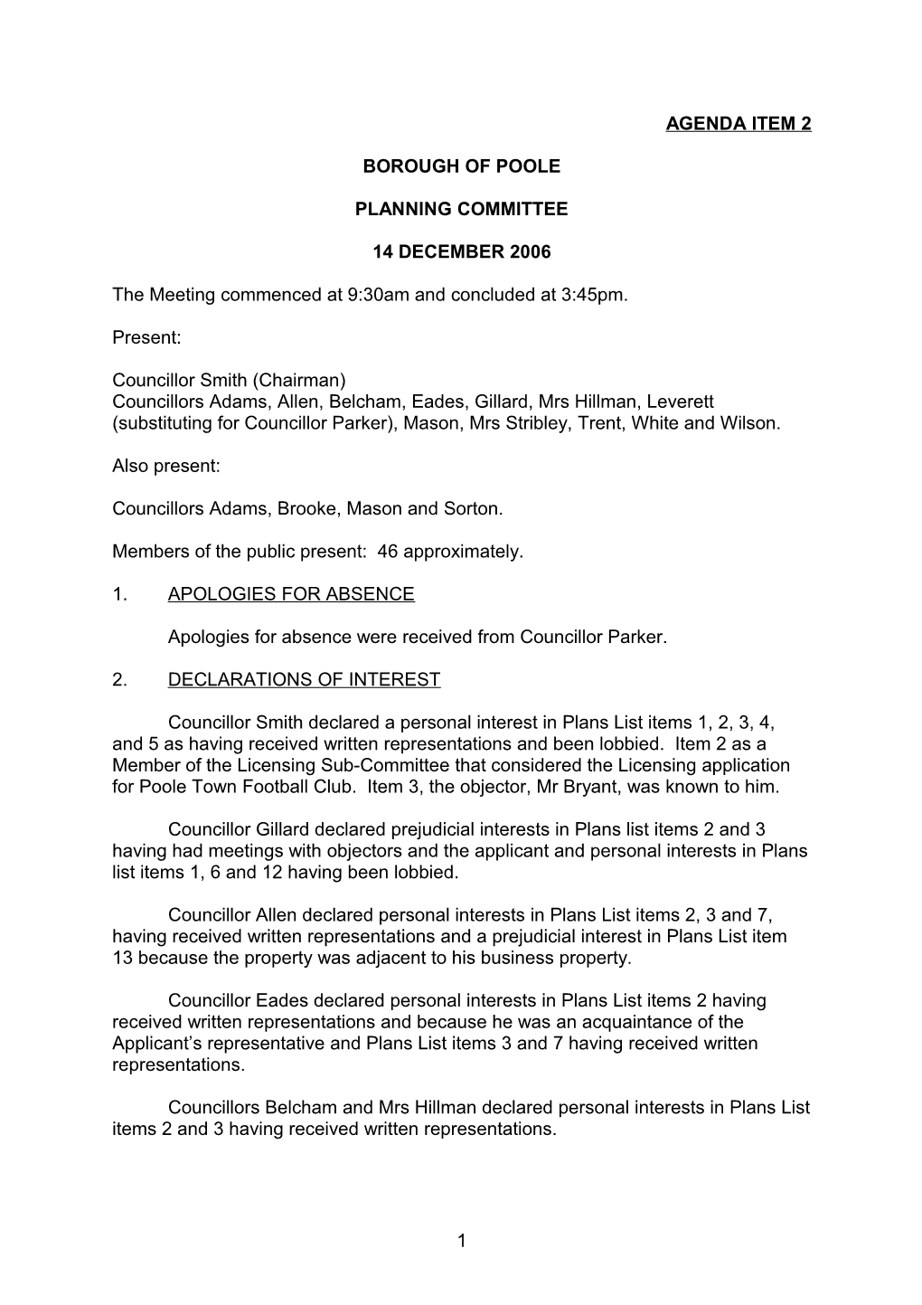 Minutes - Planning Committee - 14 December 2006