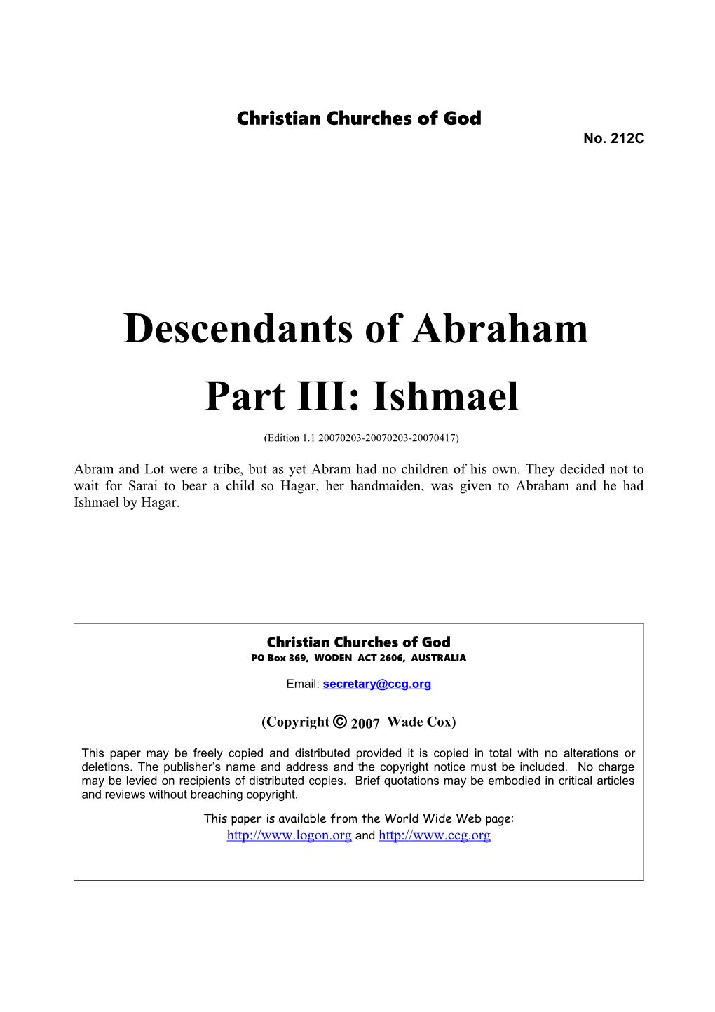 Descendants of Abraham Part III: Ishmael (No. 212C)