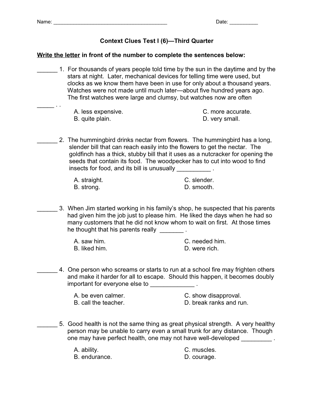 Context Clues Test I (6) Third Quarter