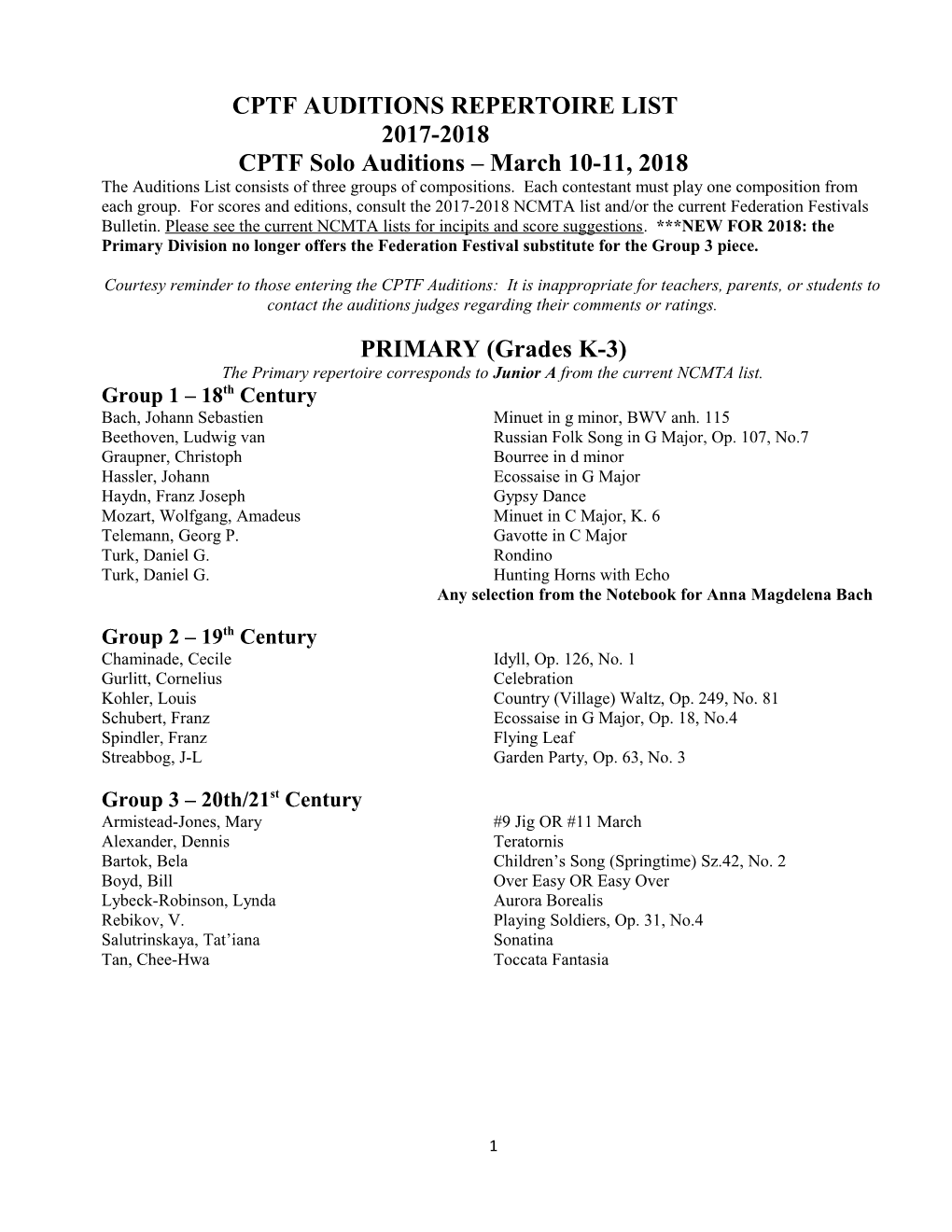 Cptf Auditions Repertoire List
