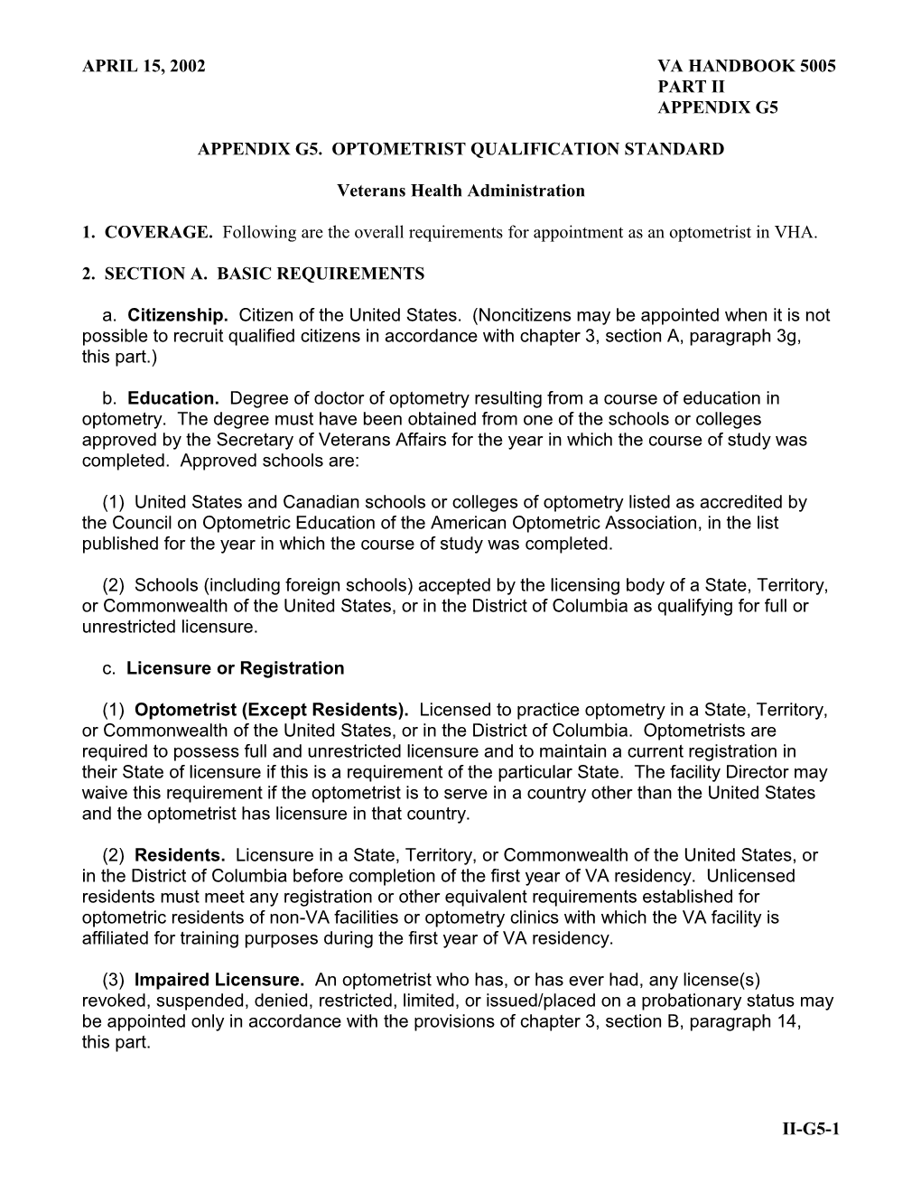 Appendix G5. Optometrist Qualification Standard