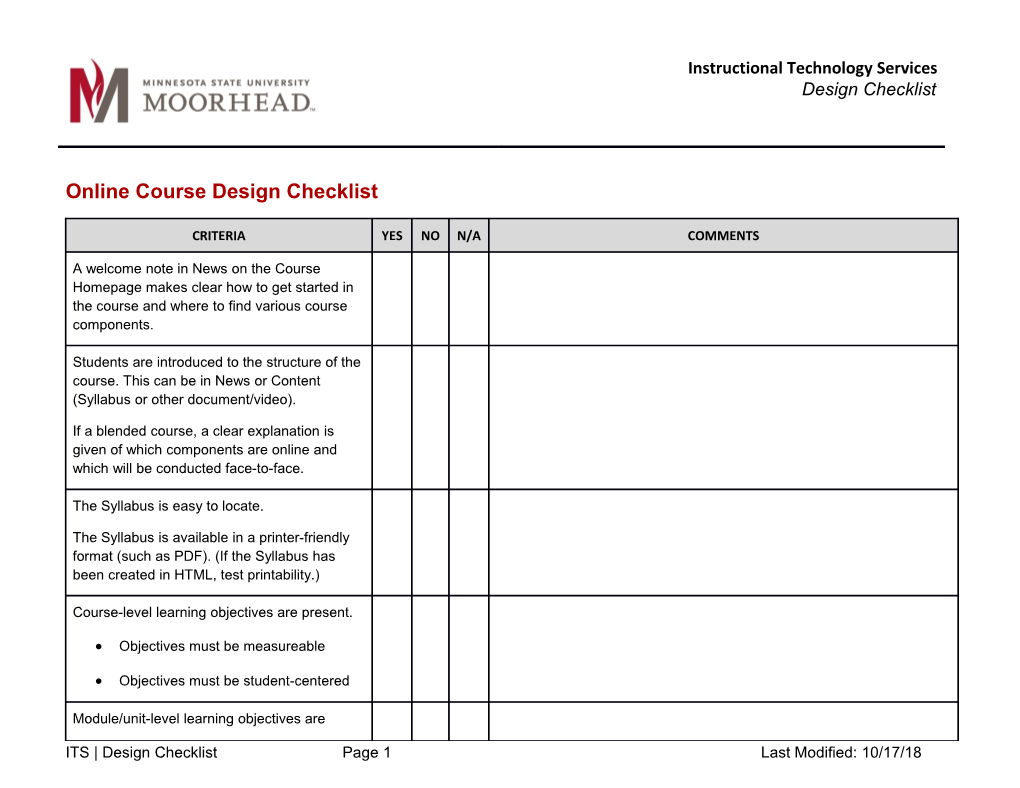 Online Course Design Checklist