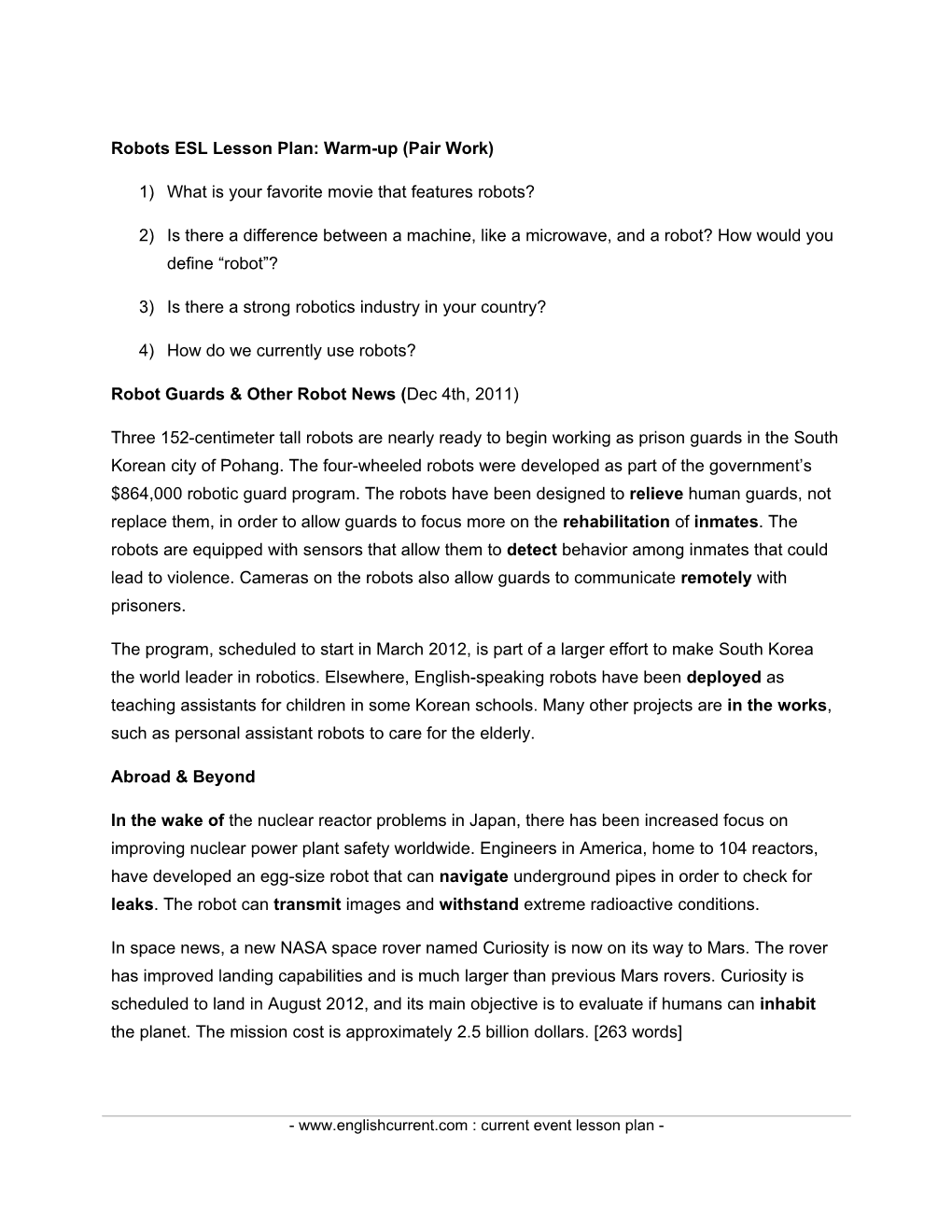 Robots ESL Lesson Plan: Warm-Up (Pair Work)