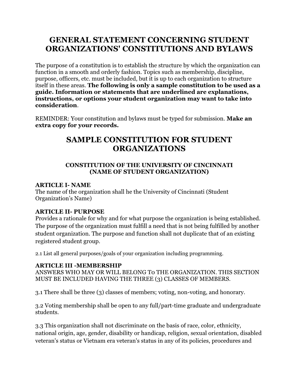 General Statement Concerning Student Organizations' Constitutions and Bylaws
