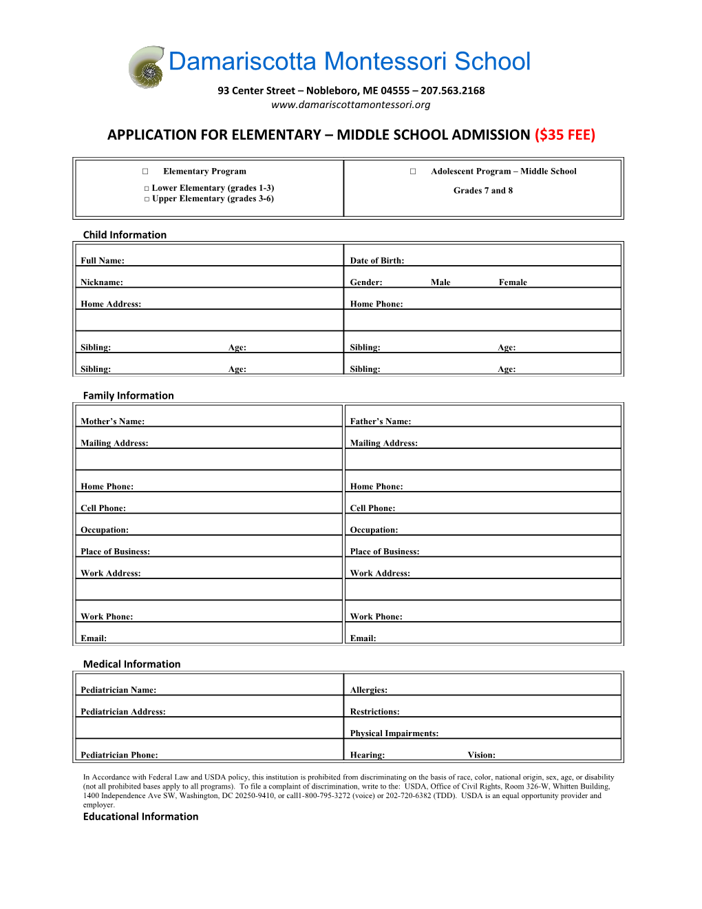 Application for Elementary Middle School Admission($35 Fee)