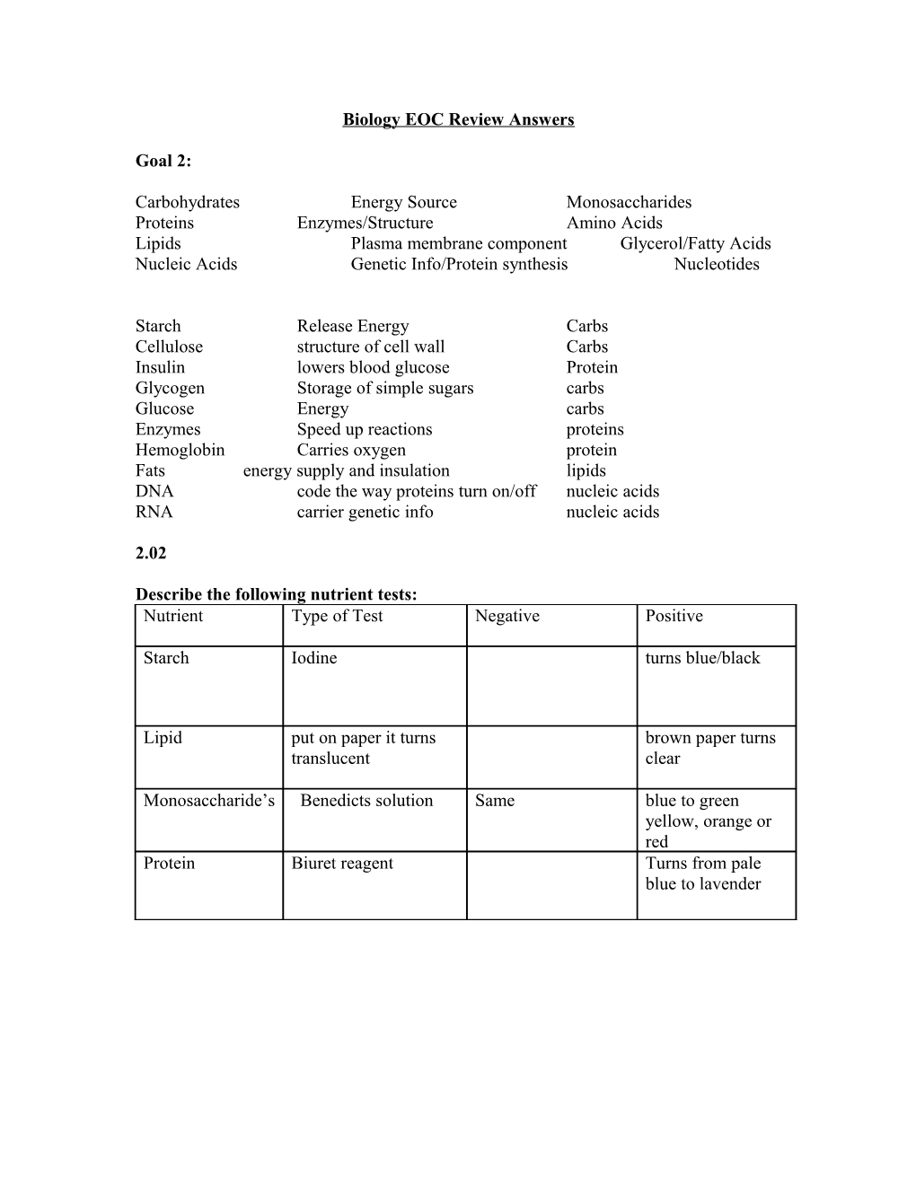 Biology EOC Review Answers