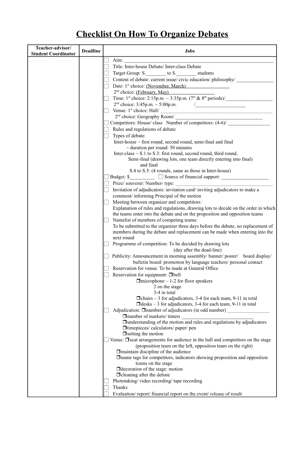 Checklist on How to Organise Debates