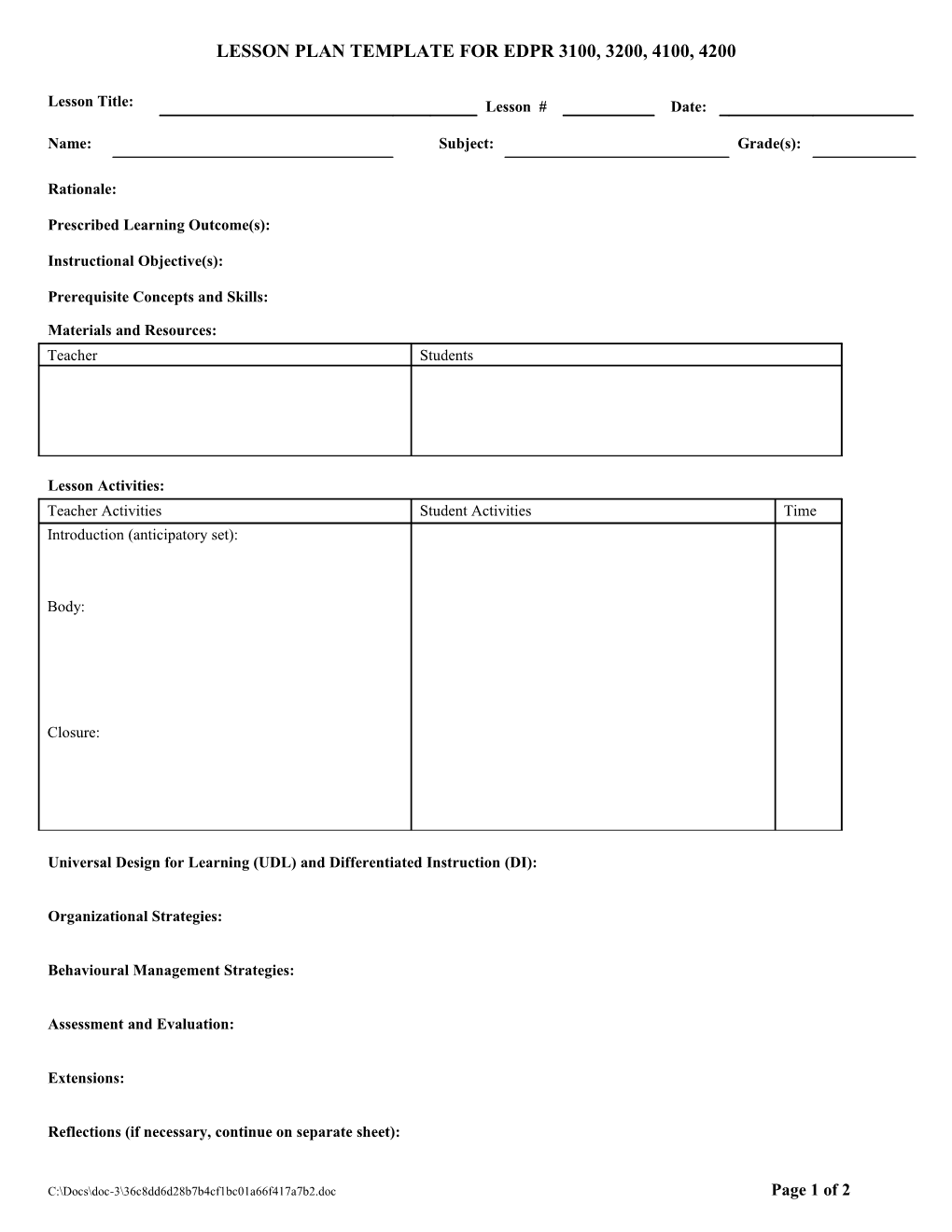 Sample Lesson Plan Template