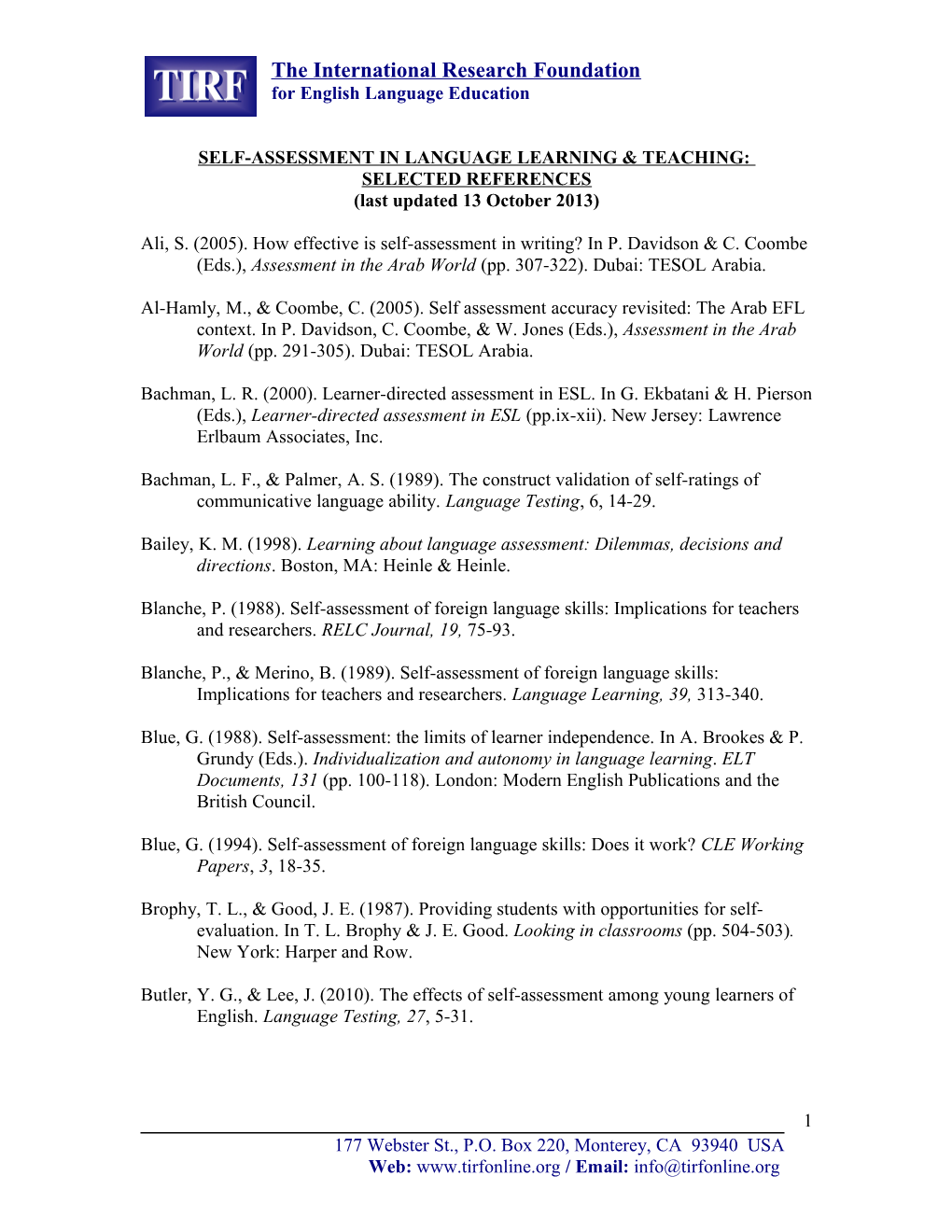 Selected References on Self-Assessment in Language Learning