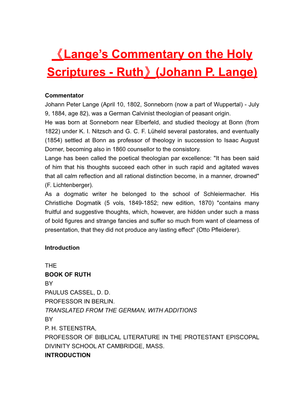 Lange S Commentary on the Holyscriptures-Ruth (Johann P. Lange)