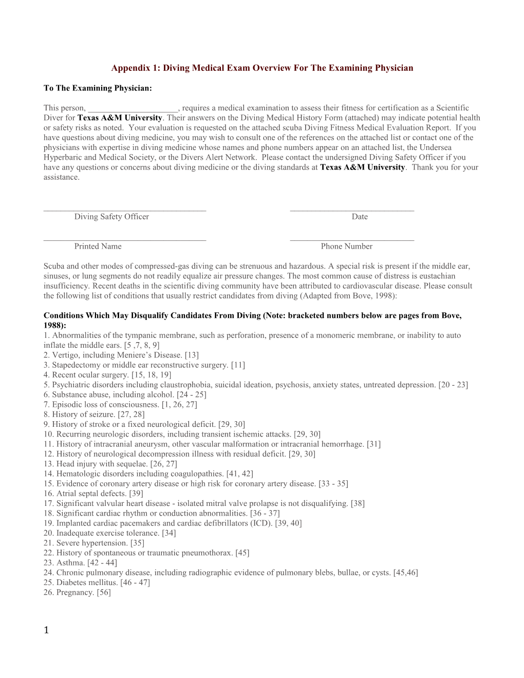 Appendix 1: Diving Medical Exam Overview for the Examining Physician