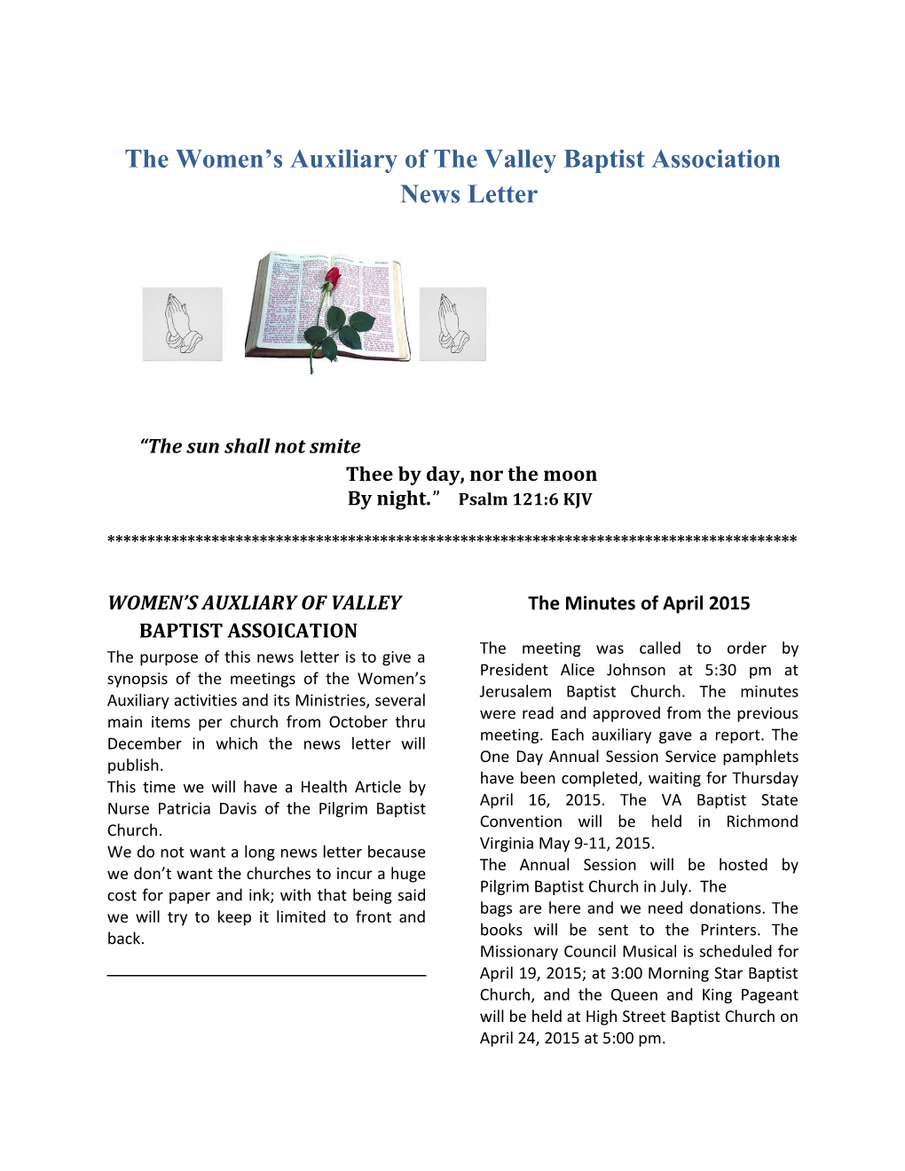 The Women S Auxiliary of the Valley Baptist Association News Letter