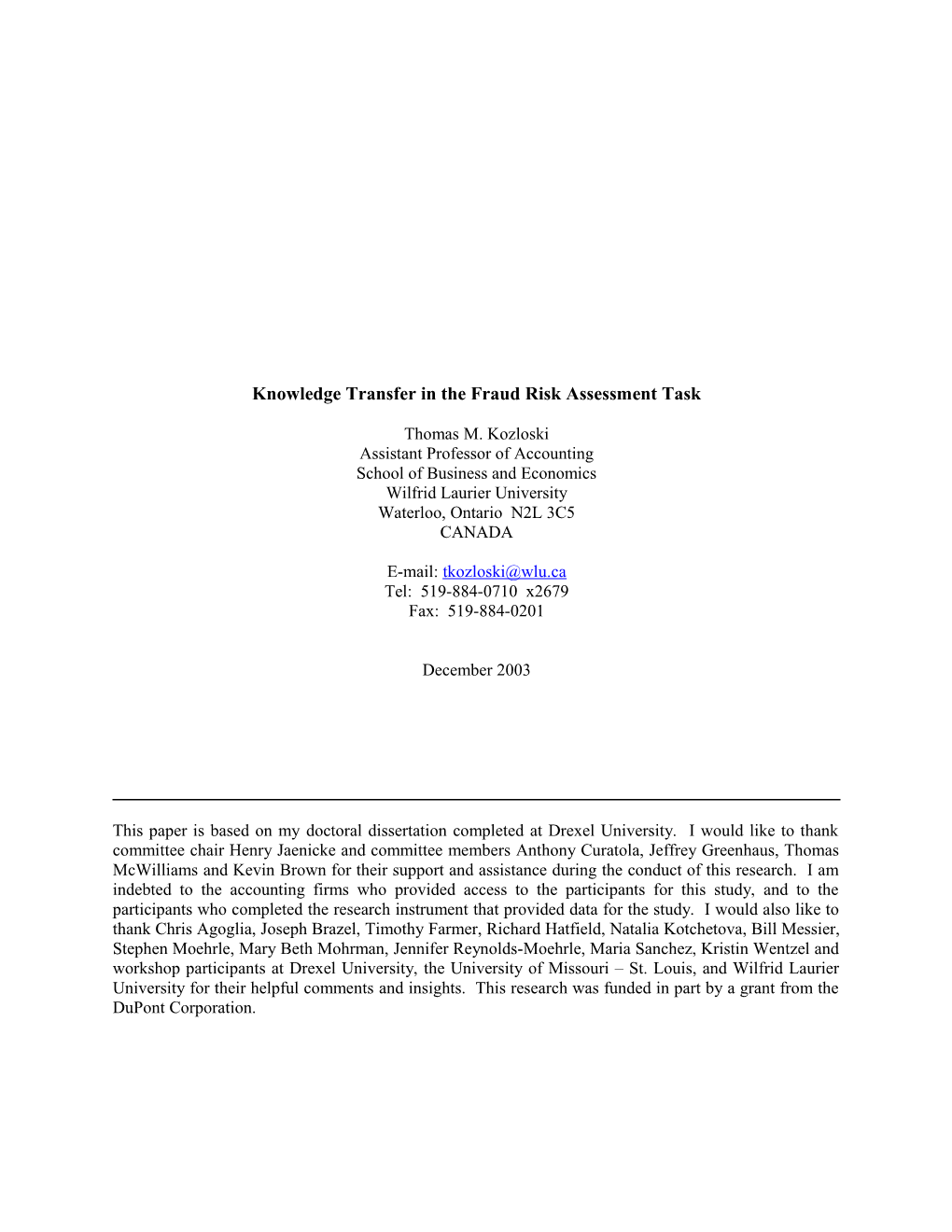Knowledge Transfer in the Fraud Risk Assessment Task