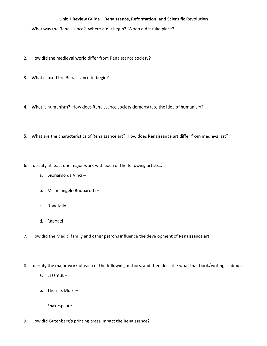 Unit 1 Review Guide Renaissance, Reformation, and Scientific Revolution