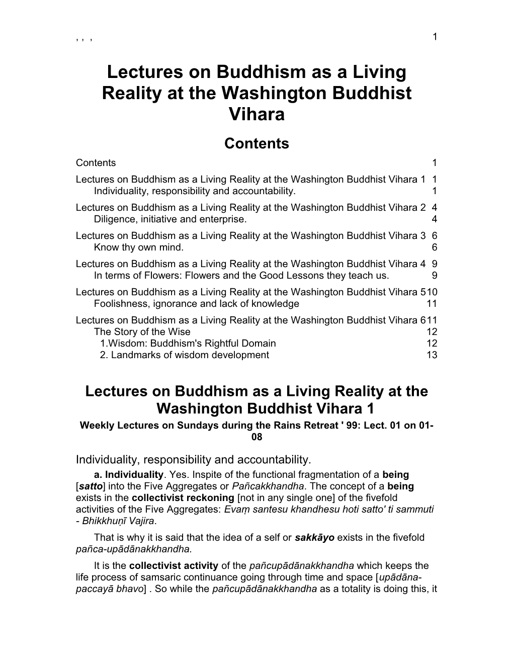 Lectures on Buddhism As a Living Reality at the Washington Buddhist Vihara