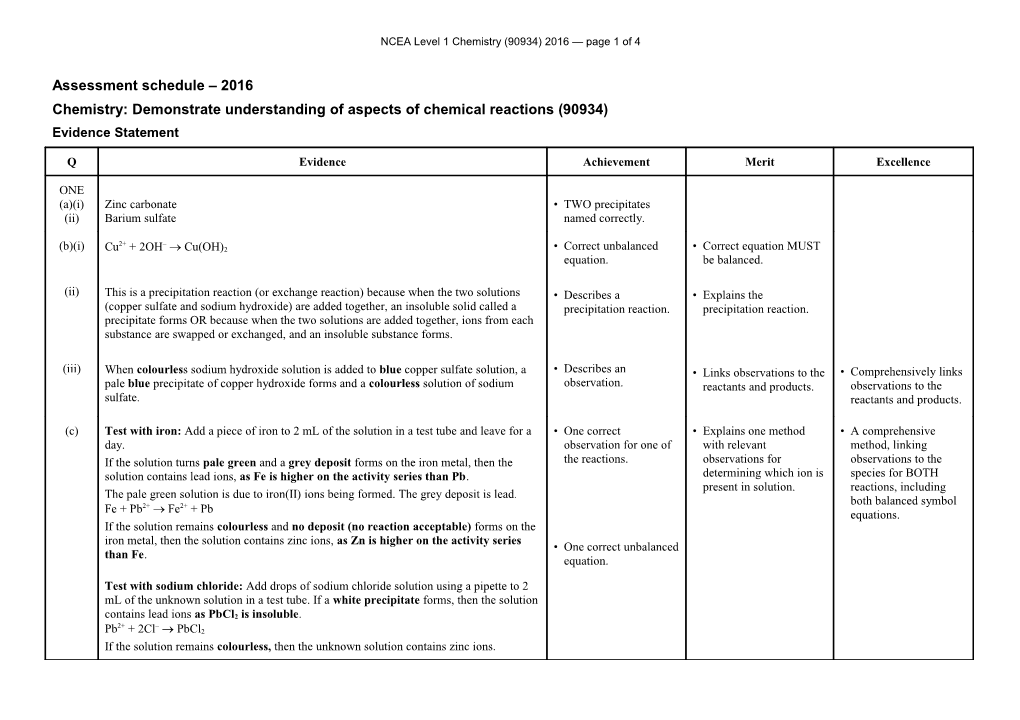 NCEA Level 1 Chemistry (90934) 2016 Assessment Schedule