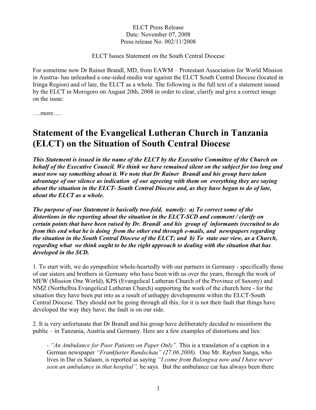 Statement of the Evangelical Lutheran Church in Tanzania (ELCT) on the Situation of South