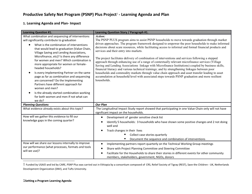 Productive Safety Net Program (PSNP) Plus Project 1 - Learning Agenda and Plan