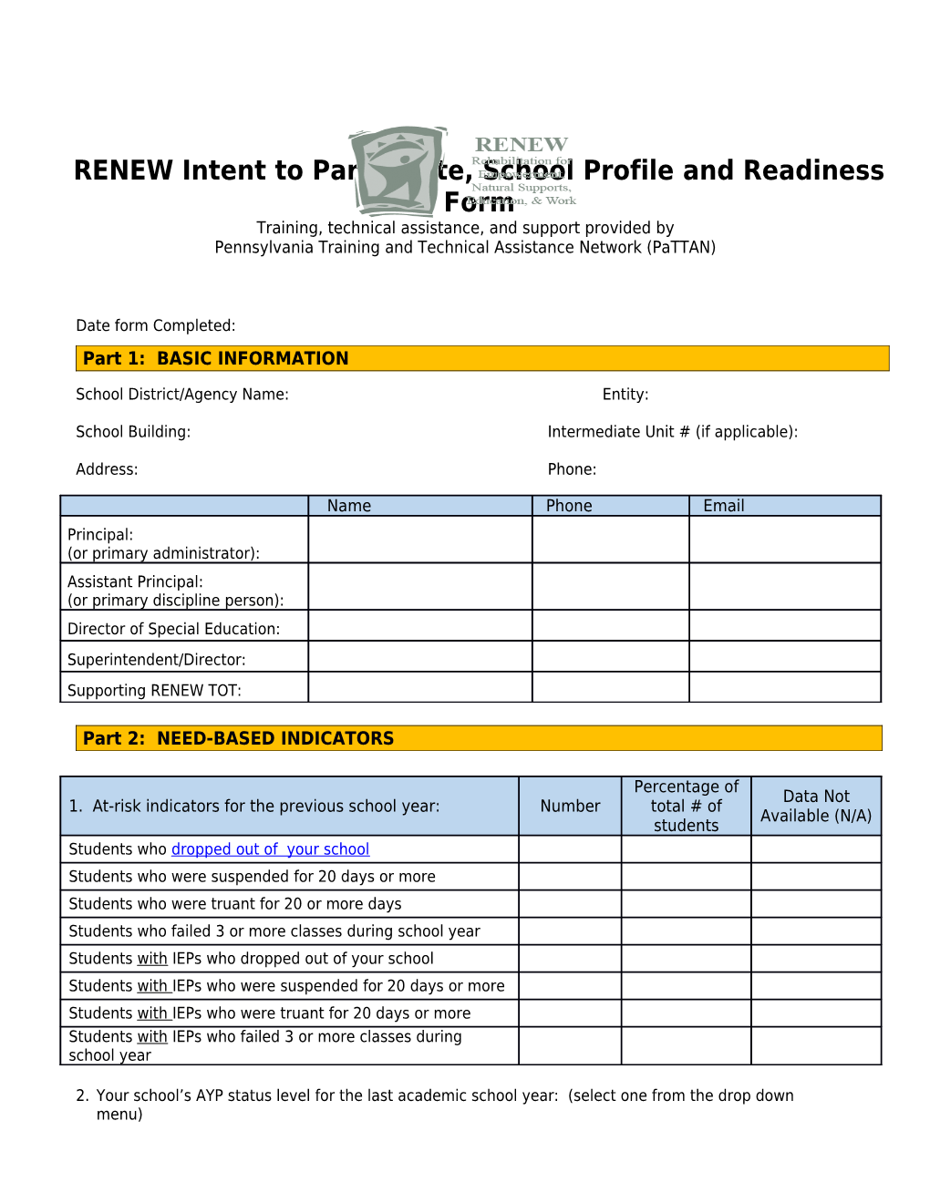 RENEW Intent to Participate, School Profile and Readiness Form