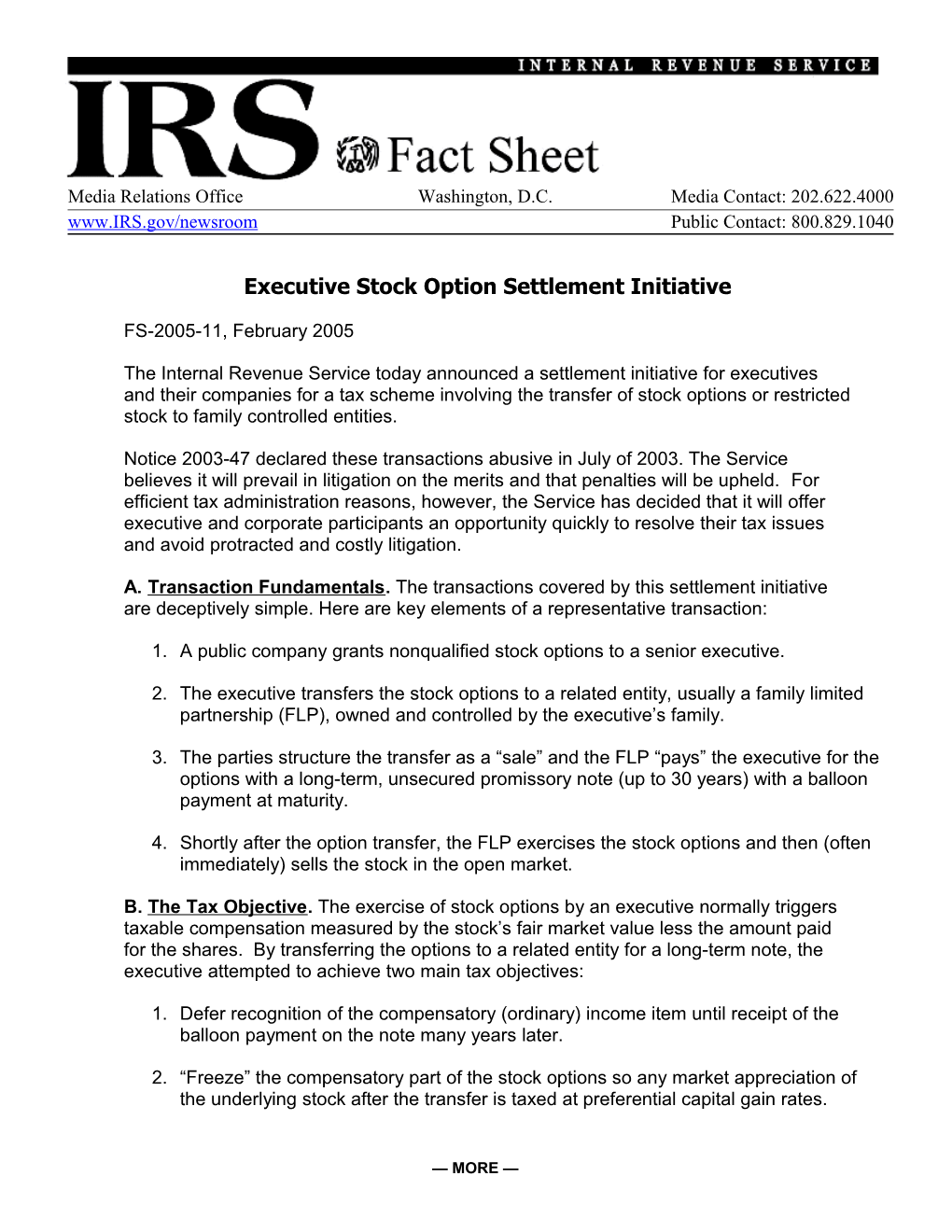 Executive Stock Option Settlement Initiative