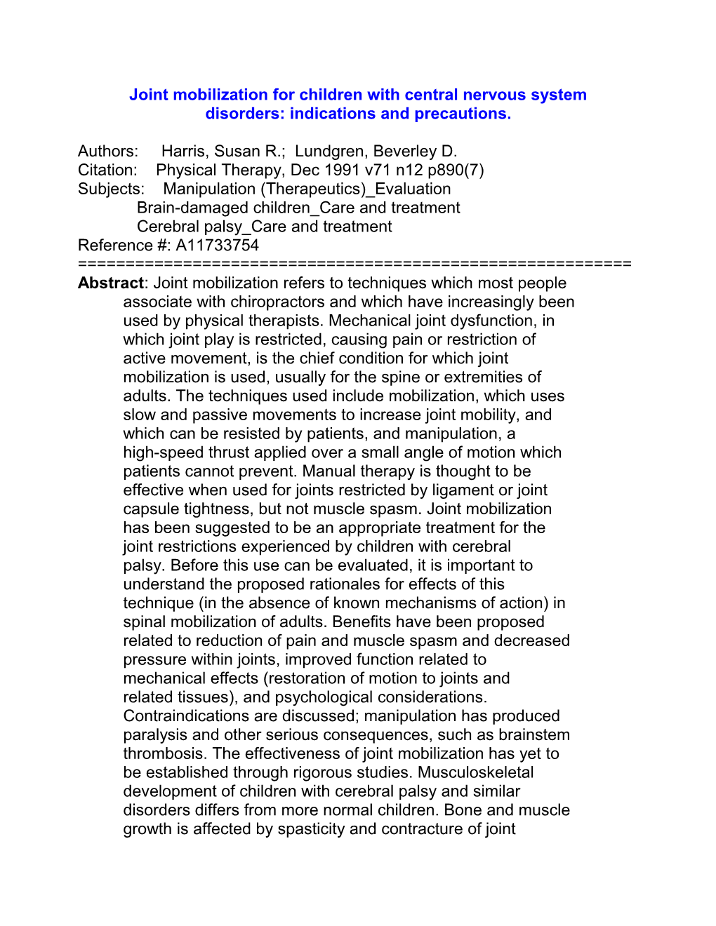 Joint Mobilization for Children with Central Nervous System