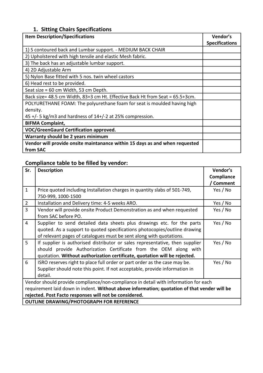 Compliance Table to Be Filled by Vendor