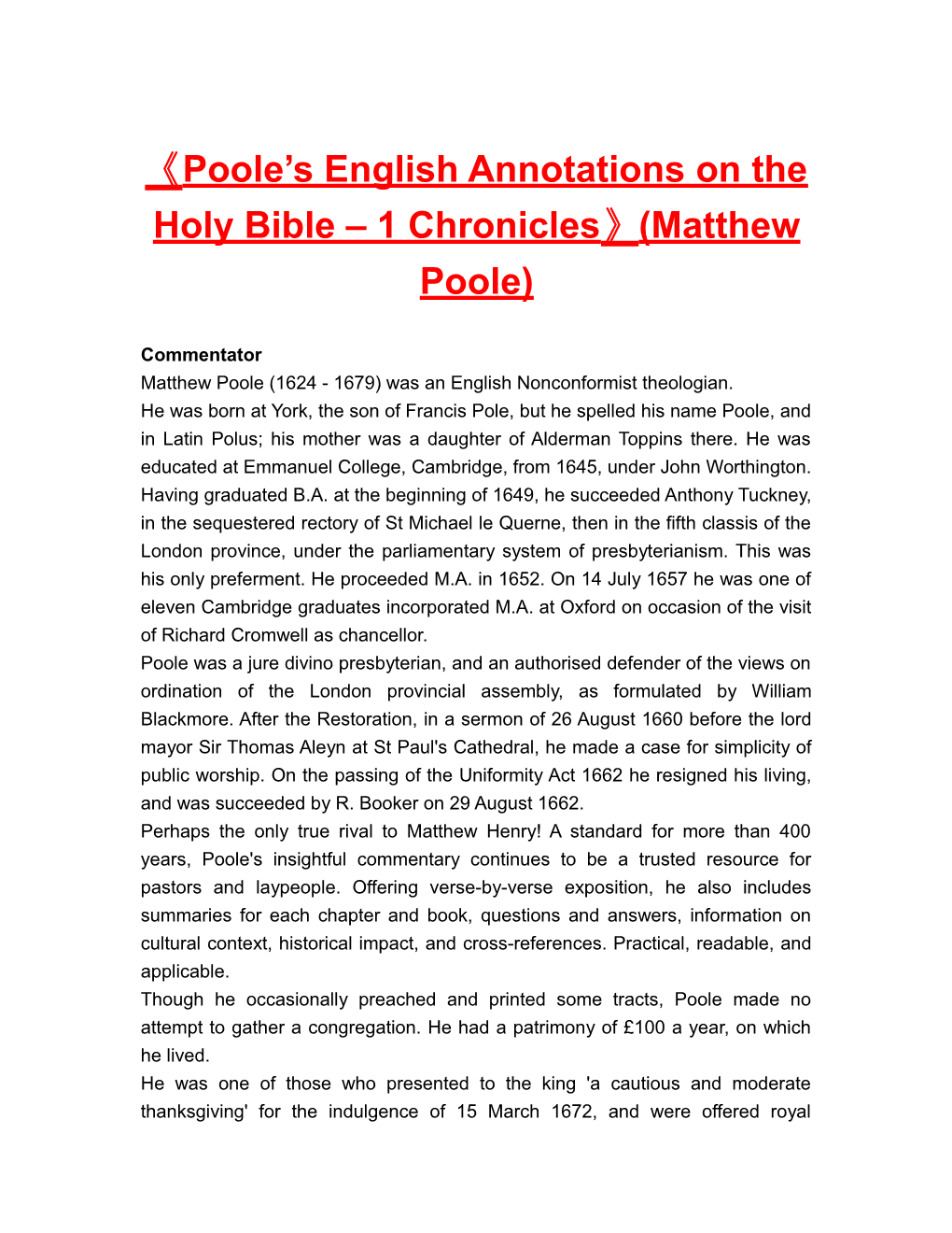 Poole S English Annotationson the Holy Bible 1 Chronicles (Matthew Poole)