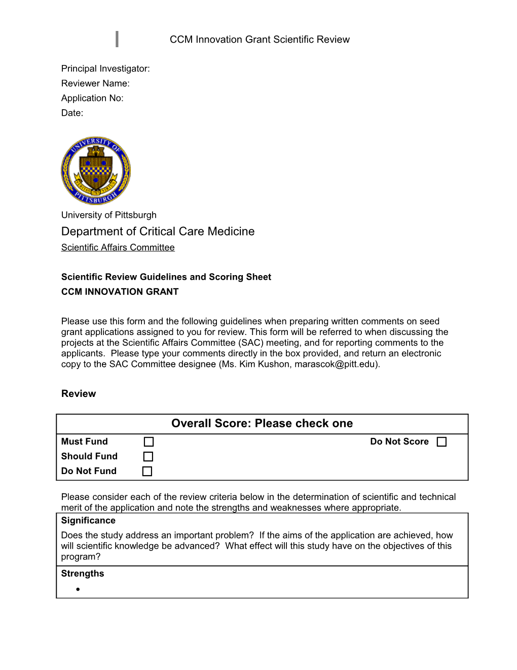 CCM SEED Grant Scientific Review Scoring Sheet