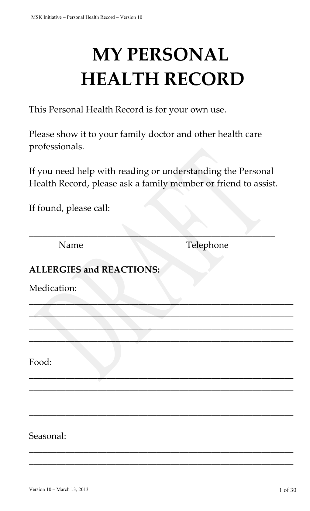 This Personal Health Record Is for Your Own Use