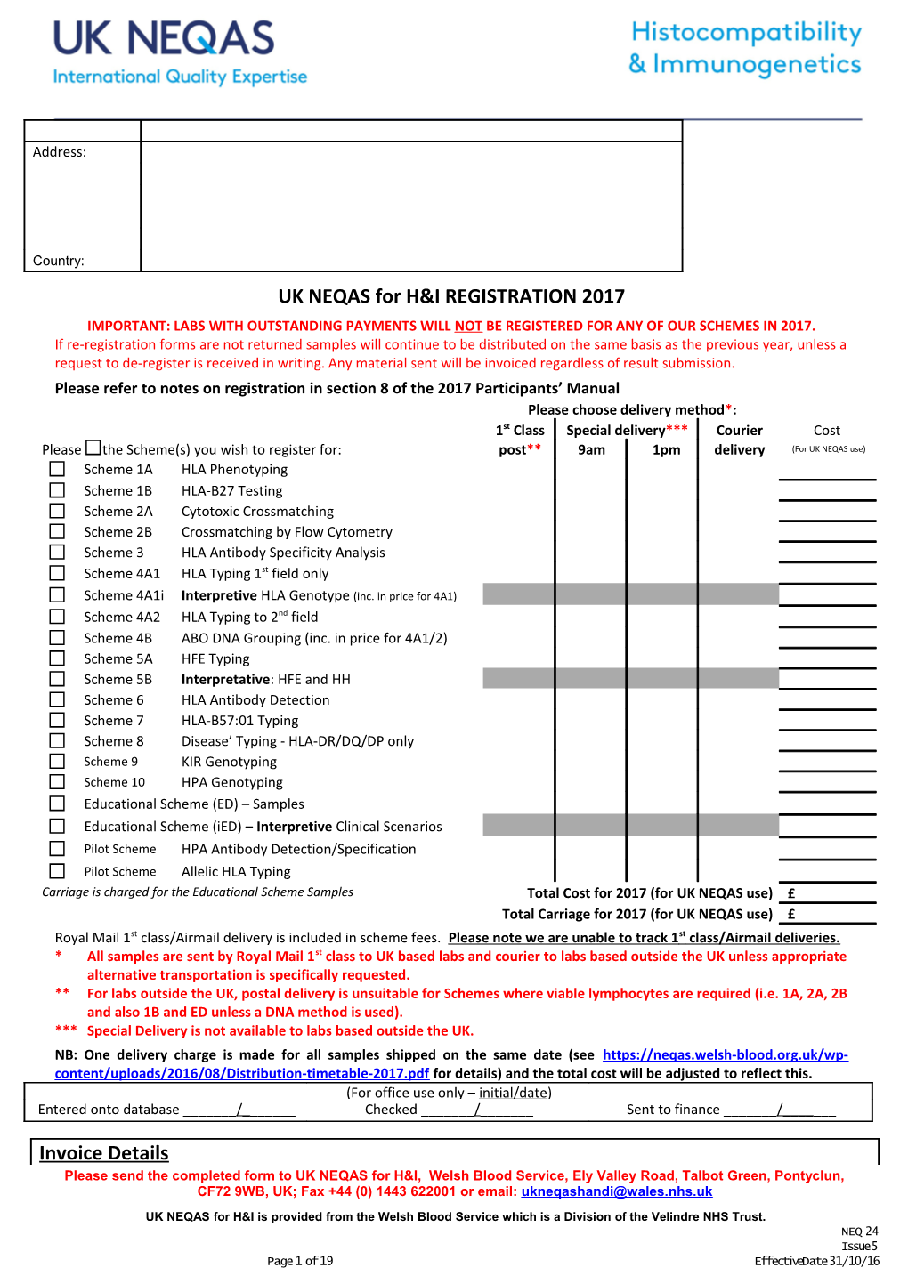 UK NEQAS for H&I REGISTRATION 2017