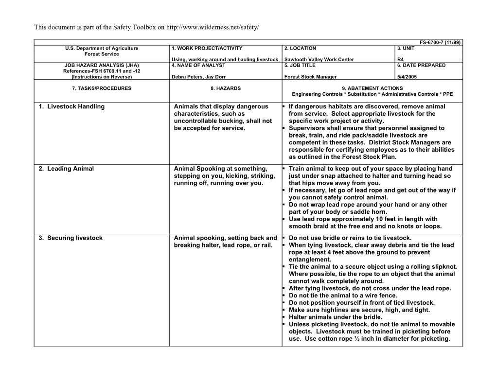 Job Hazard Analysis - Care and Transportation of Animals