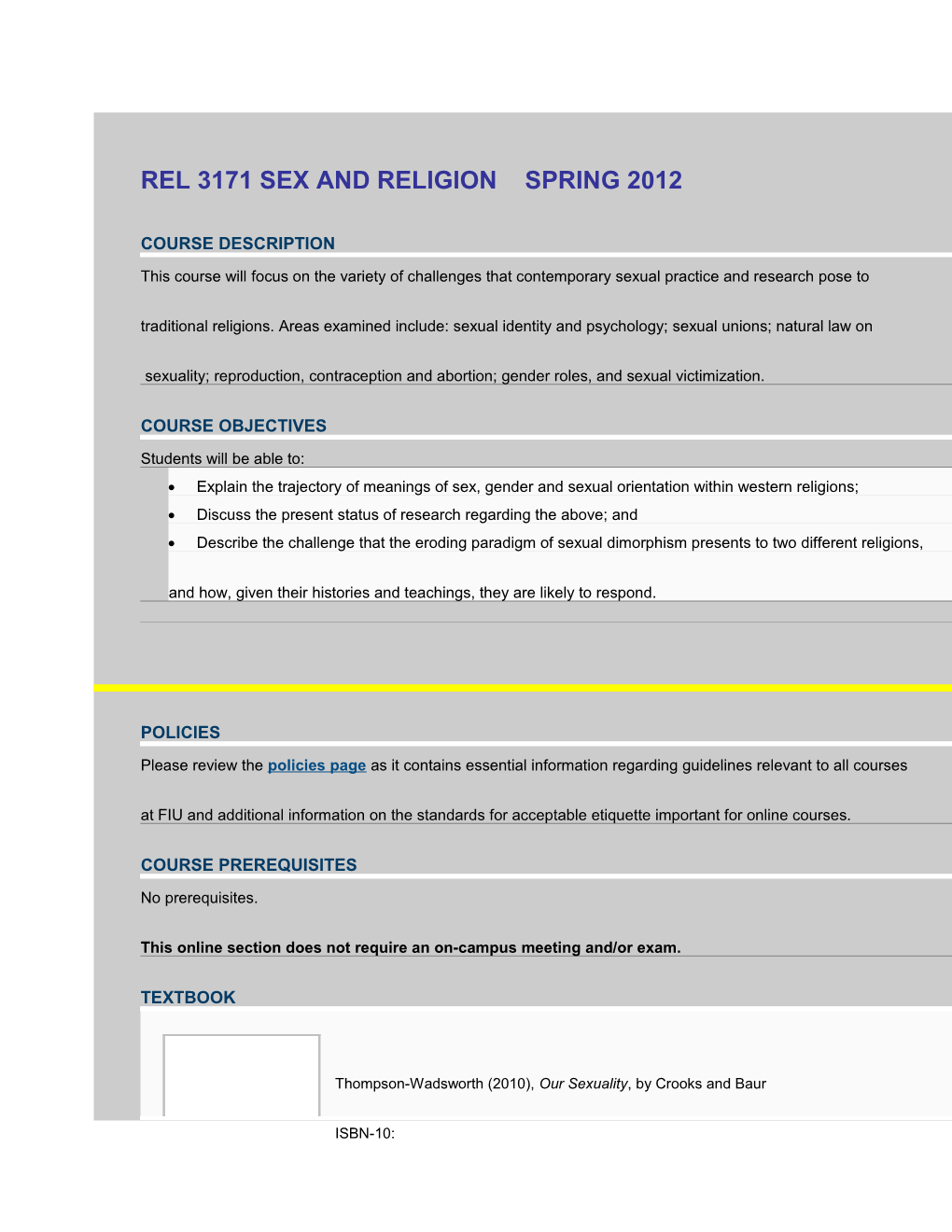 Rel 3171 Sex and Religion Spring 2012