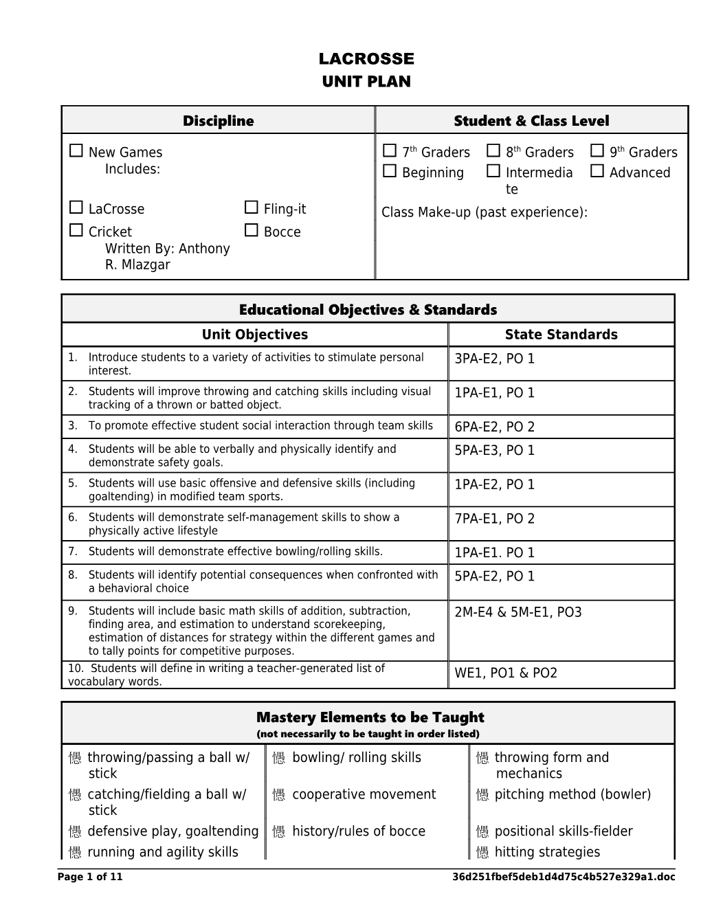 Dance Unit Plan