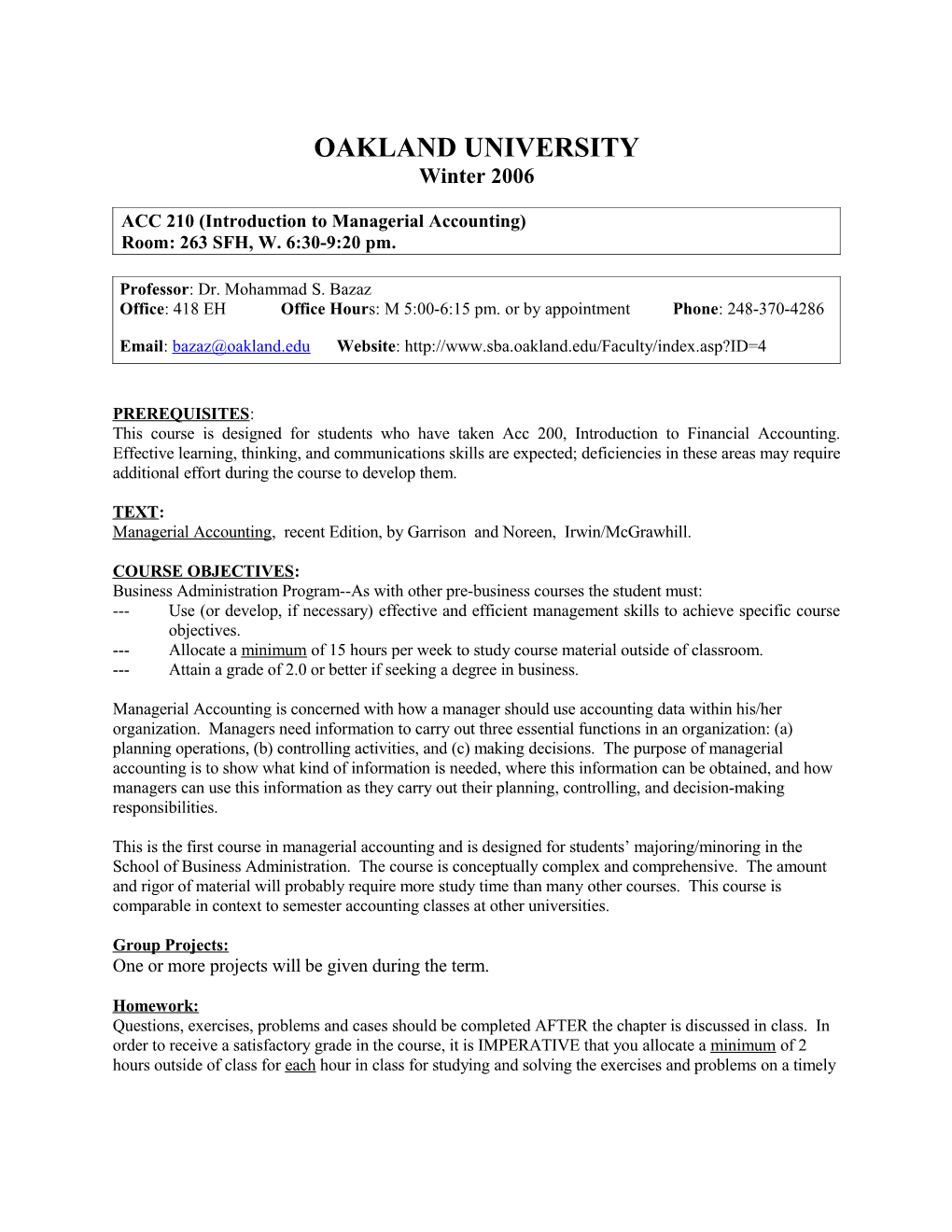 ACC 210 (Introduction to Managerial Accounting)