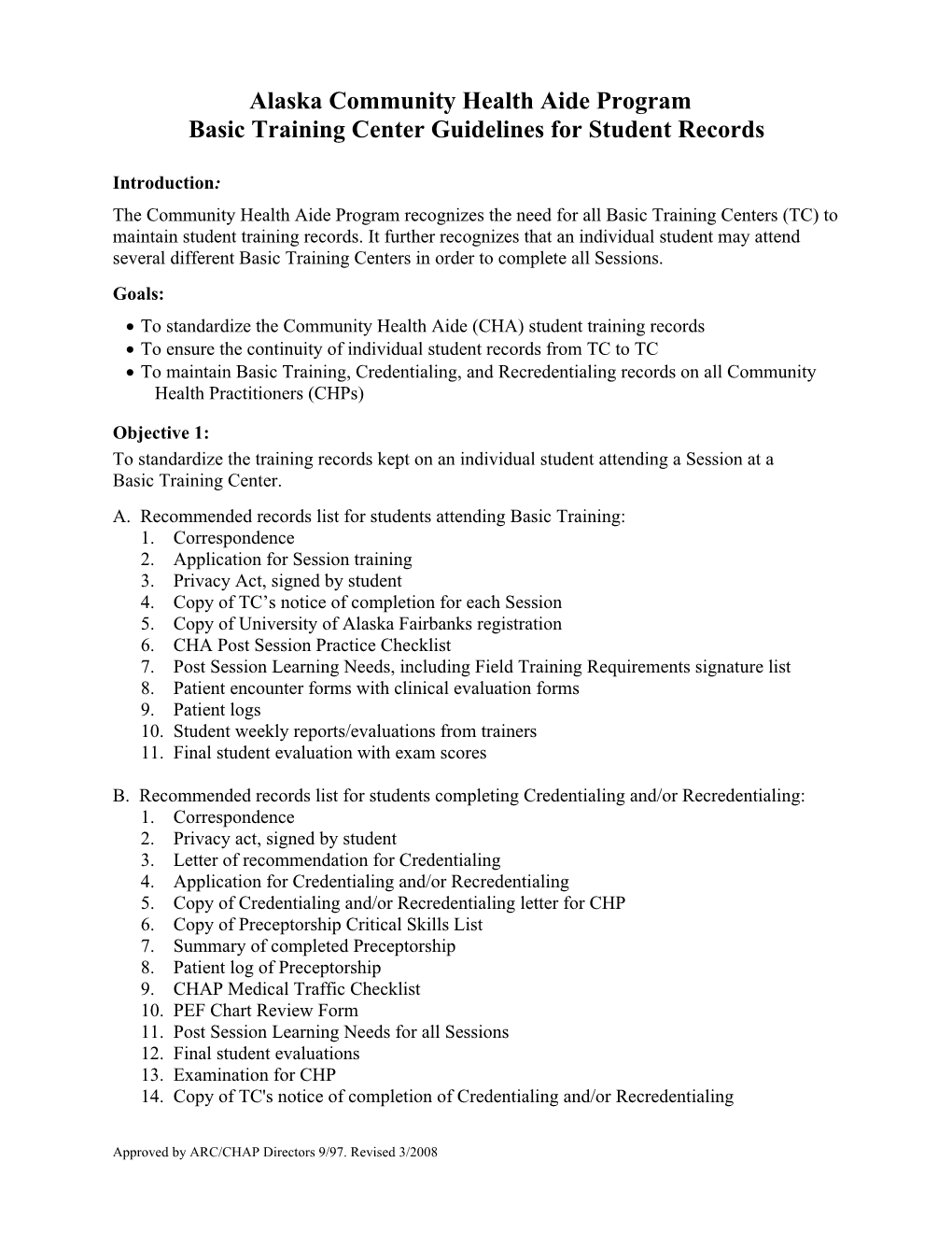 Community Health Aide Program Basic Training Center Guidelines for Student Training Records