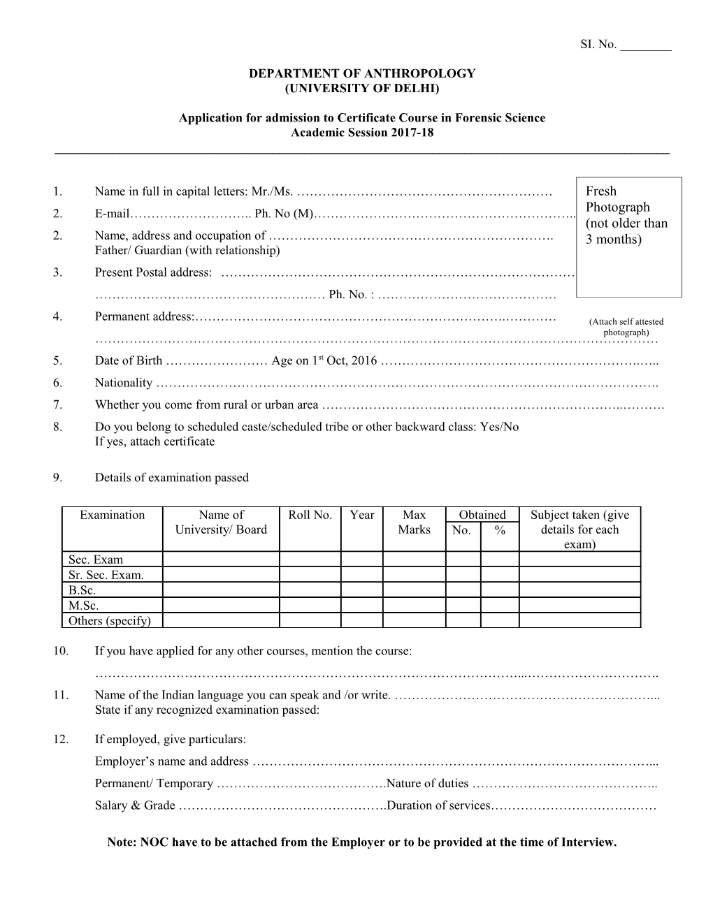 Application for Admission to Certificate Course in Forensic Science