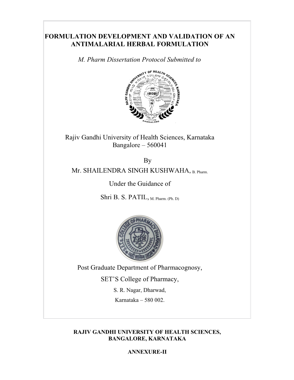 Formulation Development and Validation of an Antimalarial Herbal Formulation