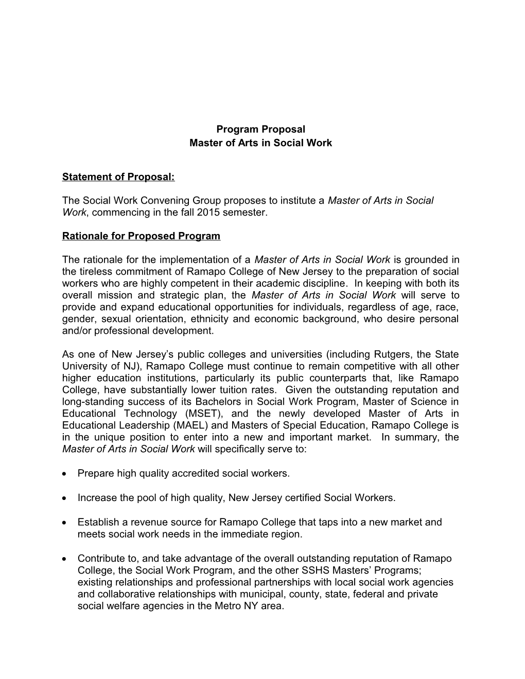 Program Proposal Master of Arts in Social Work