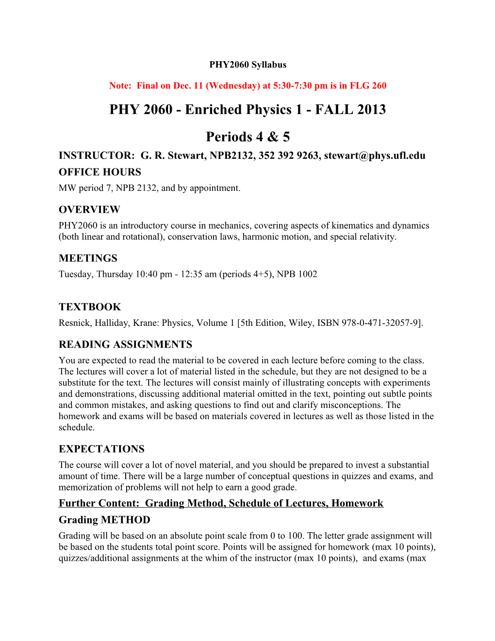 PHY 2060 - Enriched Physics 1 - FALL 2013