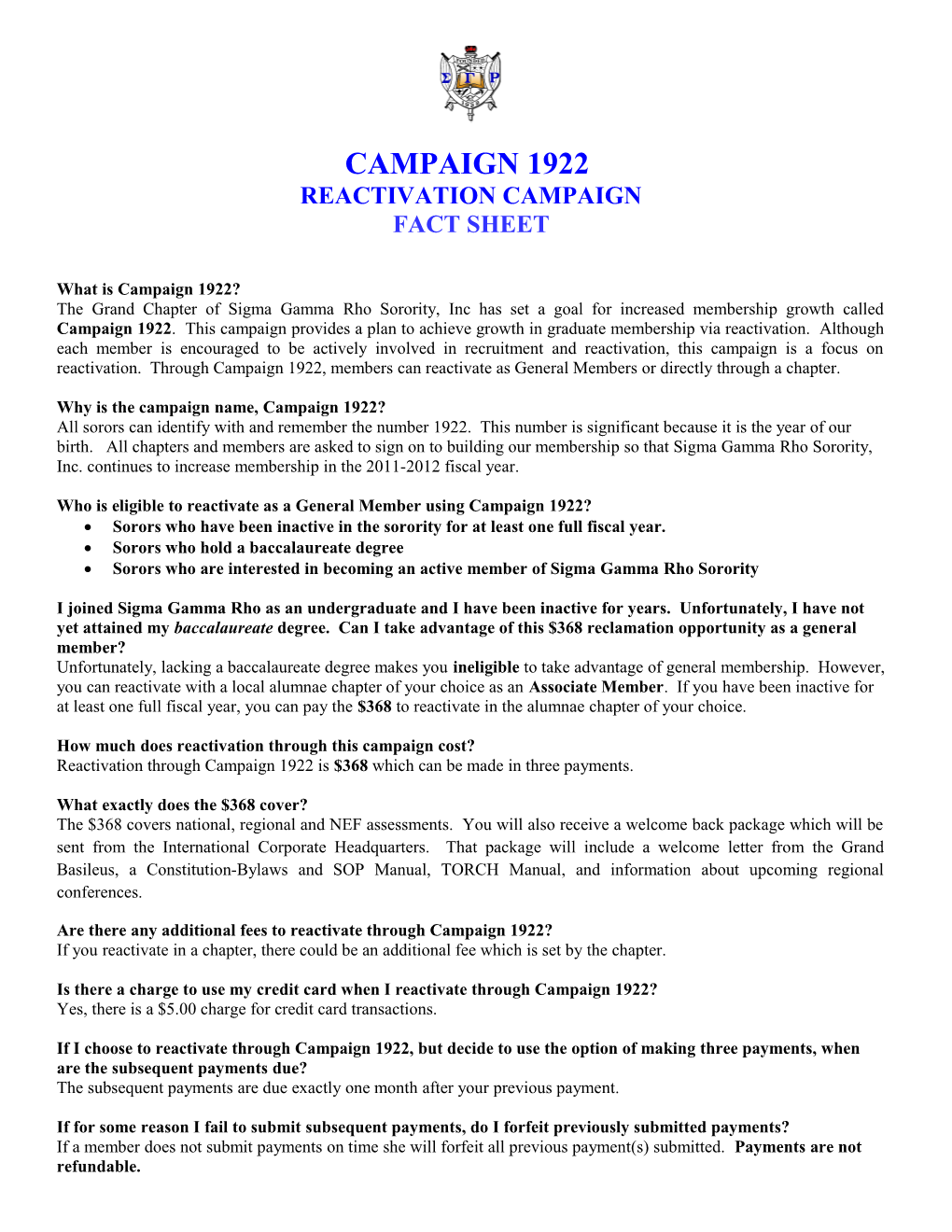 Campaign 1922 Quick Fact Sheet