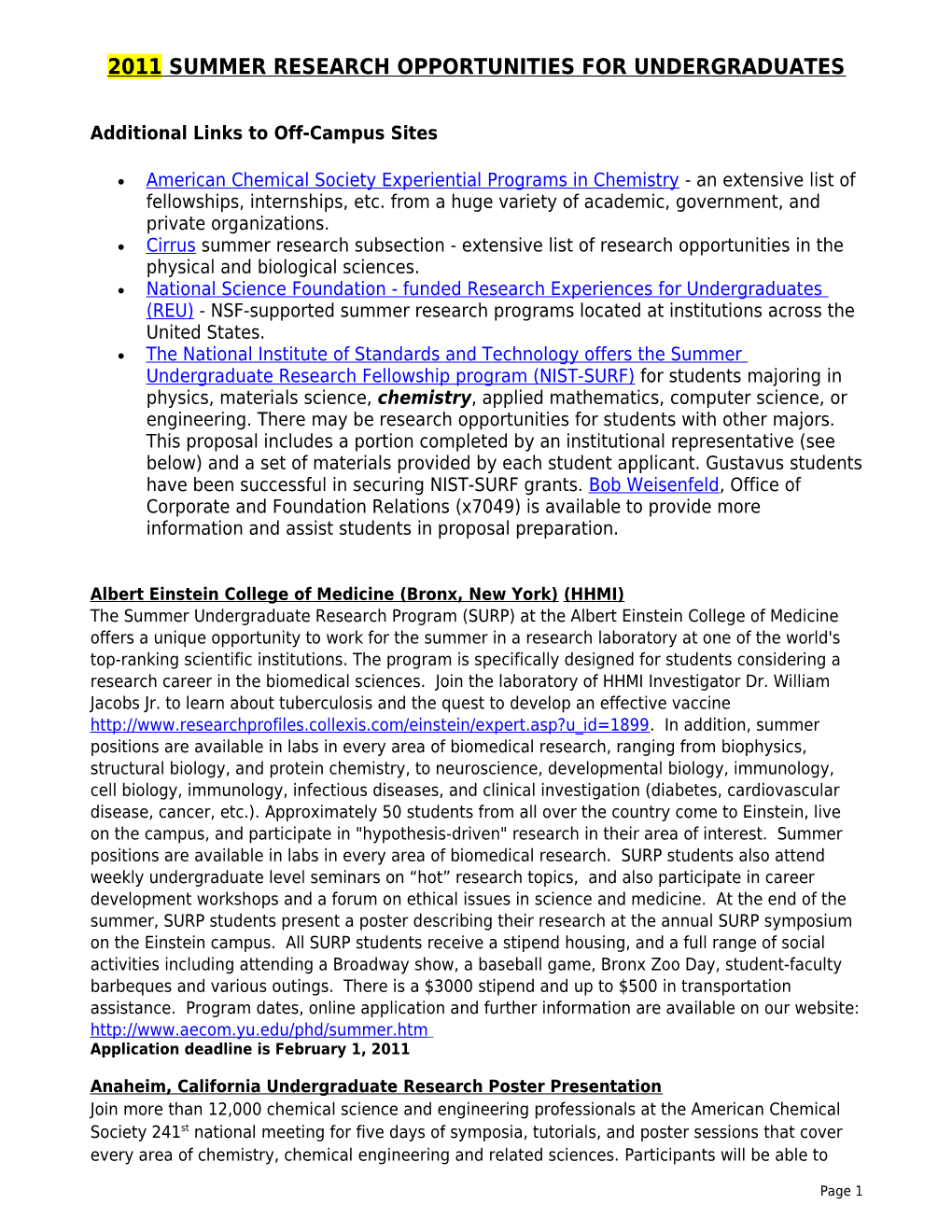 2011 Summer Research Opportunities for Undergraduates