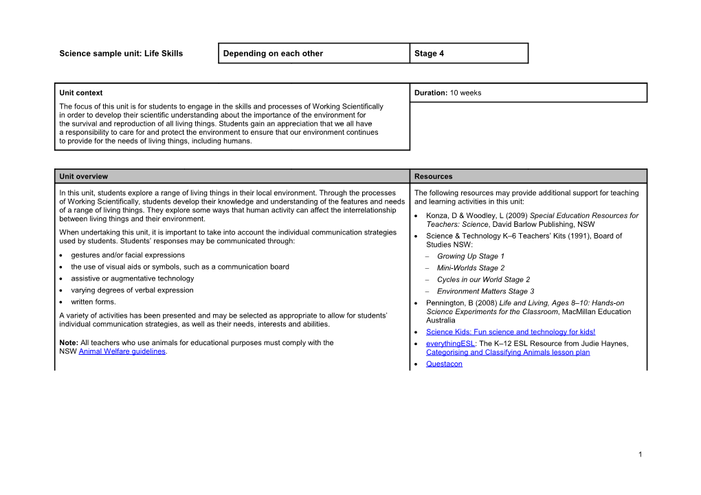 Science Sample Unit: Life Skills