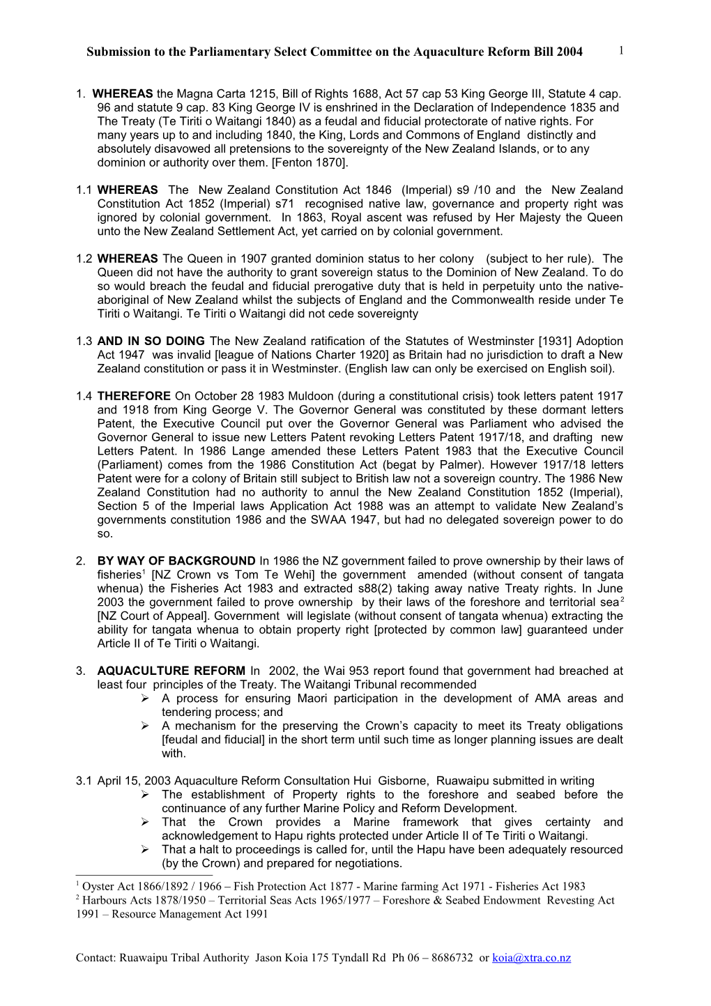 Submission to the Parliamentary Select Committee on the Aquaculture Reform Bill 2004